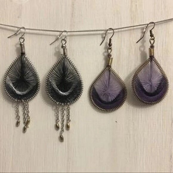 Teardrop Web Dangle Pierced Earrings Purple Black 2 Pairs - Picture 2 of 6